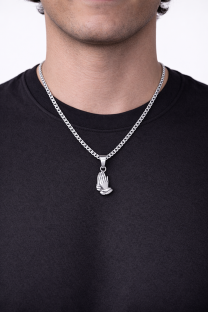 Praying Hands Pendant Necklace, Silver-Plated Steel