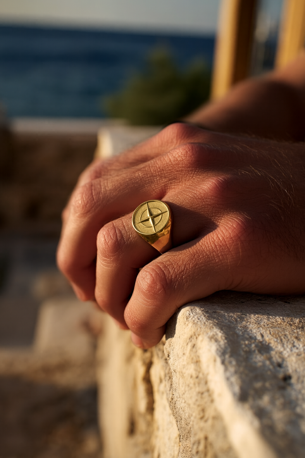 Men’s Compass Signet Ring, Gold PVD Finish, US 7–12
