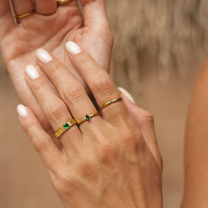 Green Zirconia Ribbed Band Ring, Stainless Steel