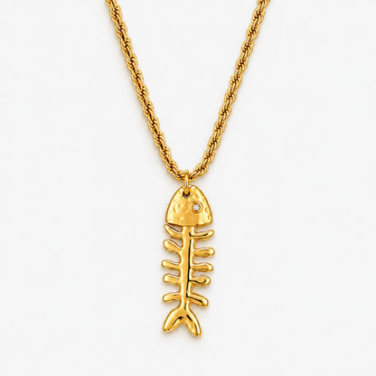 Fishbone Pendant Rope Chain Necklace, Gold PVD Steel