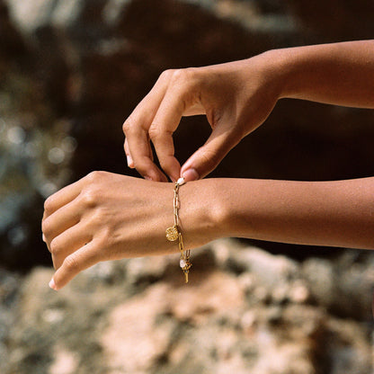 Sun Charm and Freshwater Pearl Paperclip Bracelet