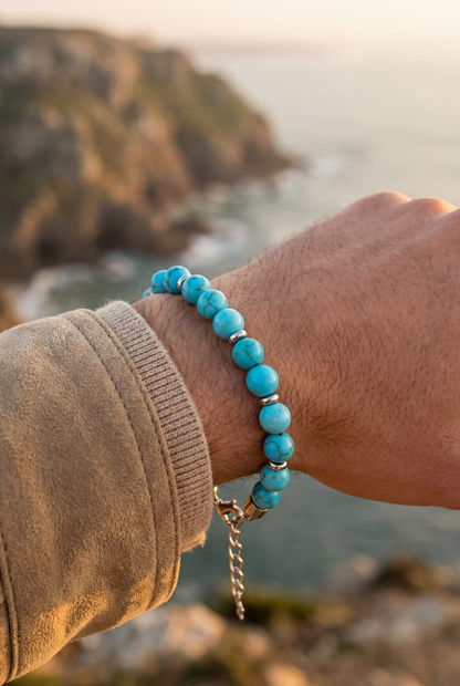 Men’s Turquoise Bead Bracelet, 8 mm, Stainless Steel Clasp