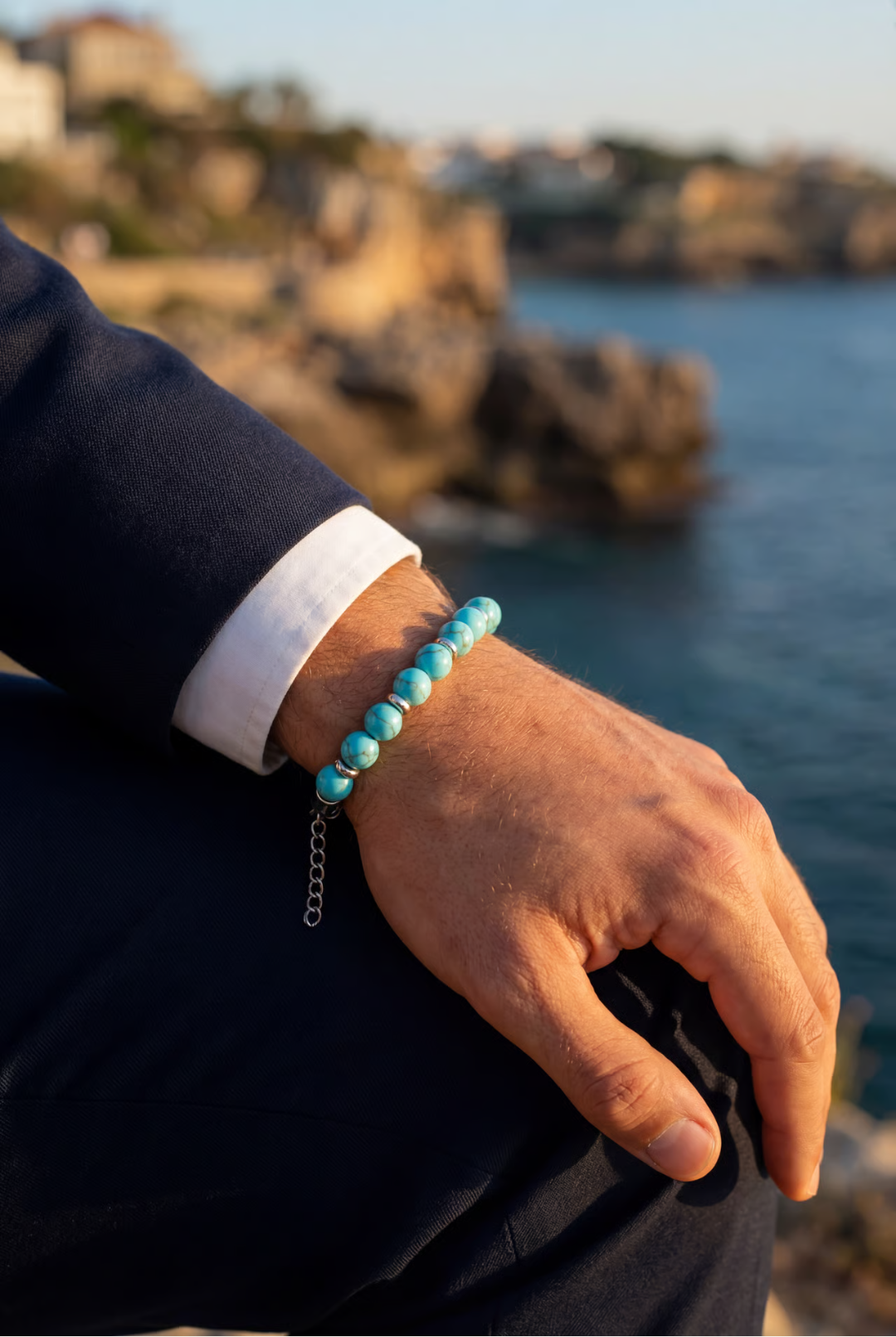 Men’s Turquoise Bead Bracelet, 8 mm, Stainless Steel Clasp