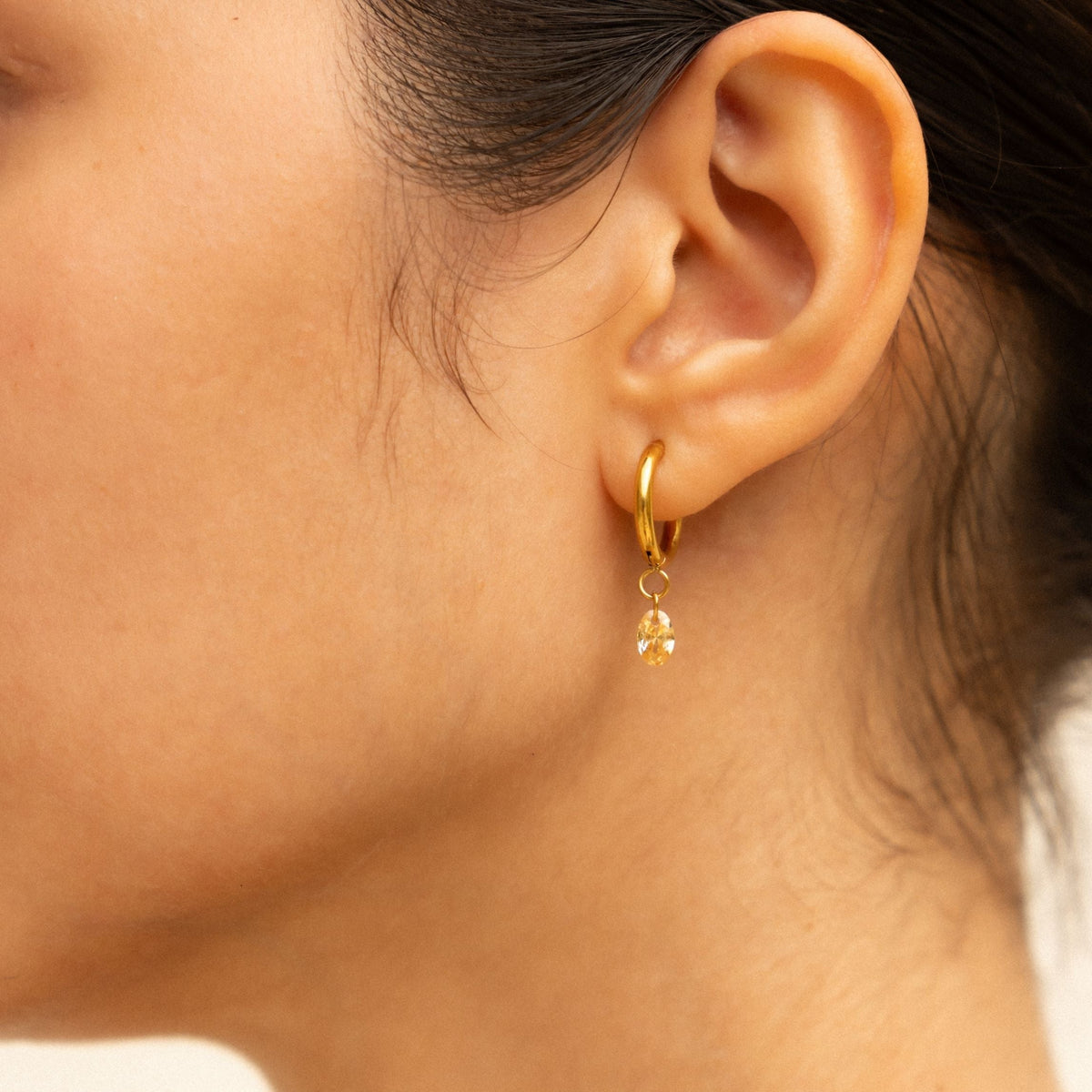 Oval Rose-Tone Stone Drop Hoop Earrings