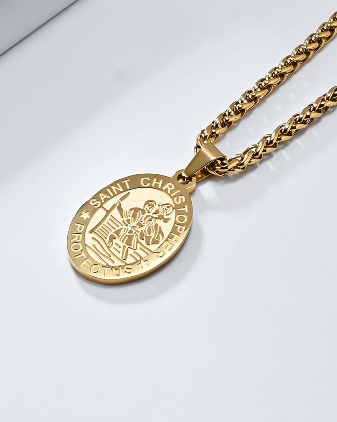Men’s Saint Christopher Medallion Rope Necklace, Gold-Plated Steel