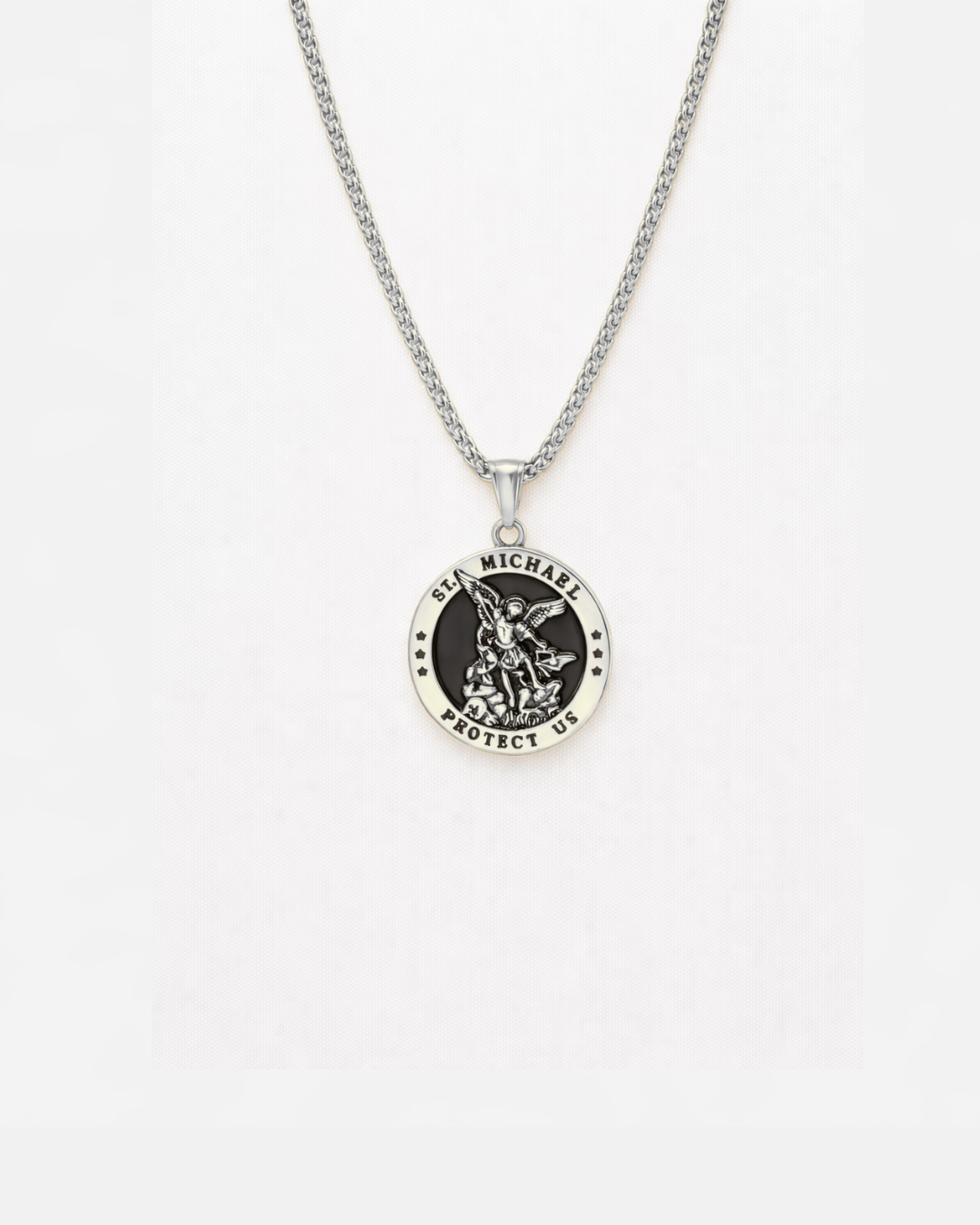 Saint Michael Medallion Necklace, Silver-Plated Steel