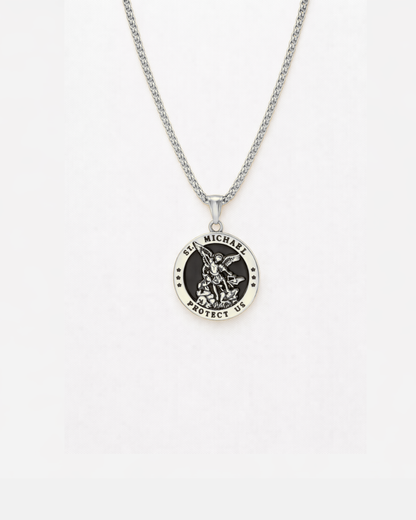 Saint Michael Medallion Necklace, Silver-Plated Steel