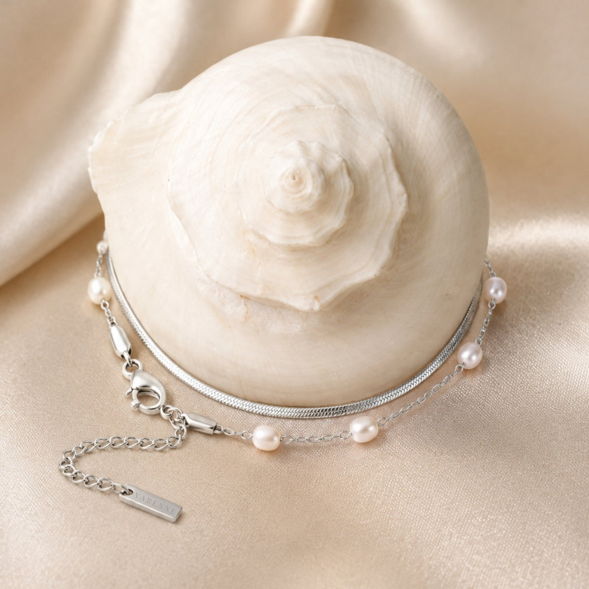 Herringbone and Pearl Layered Bracelet — Santorini