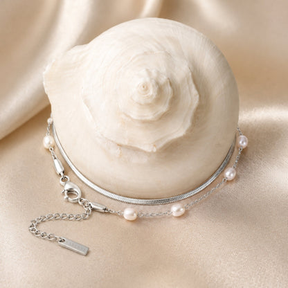 Herringbone and Pearl Layered Bracelet — Santorini