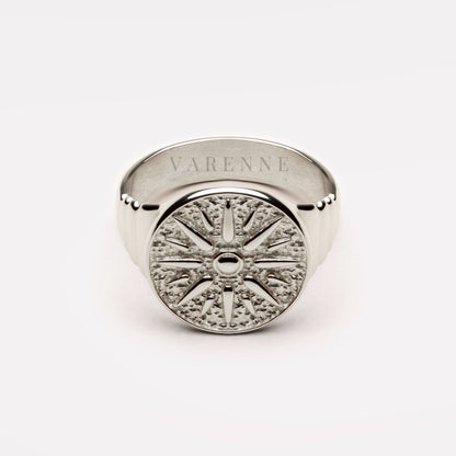 Engraved Sun Disc Signet Ring, Steel