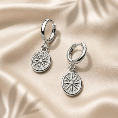 Sun Disc Charm Hoop Earrings, 8 mm