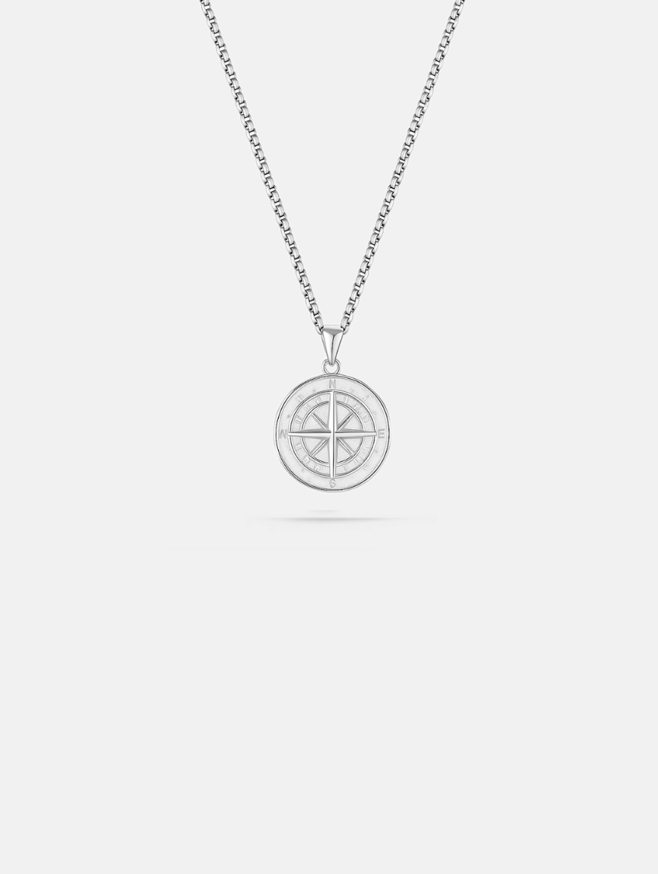Men’s Compass Pendant Necklace, Platinum-Plated Steel