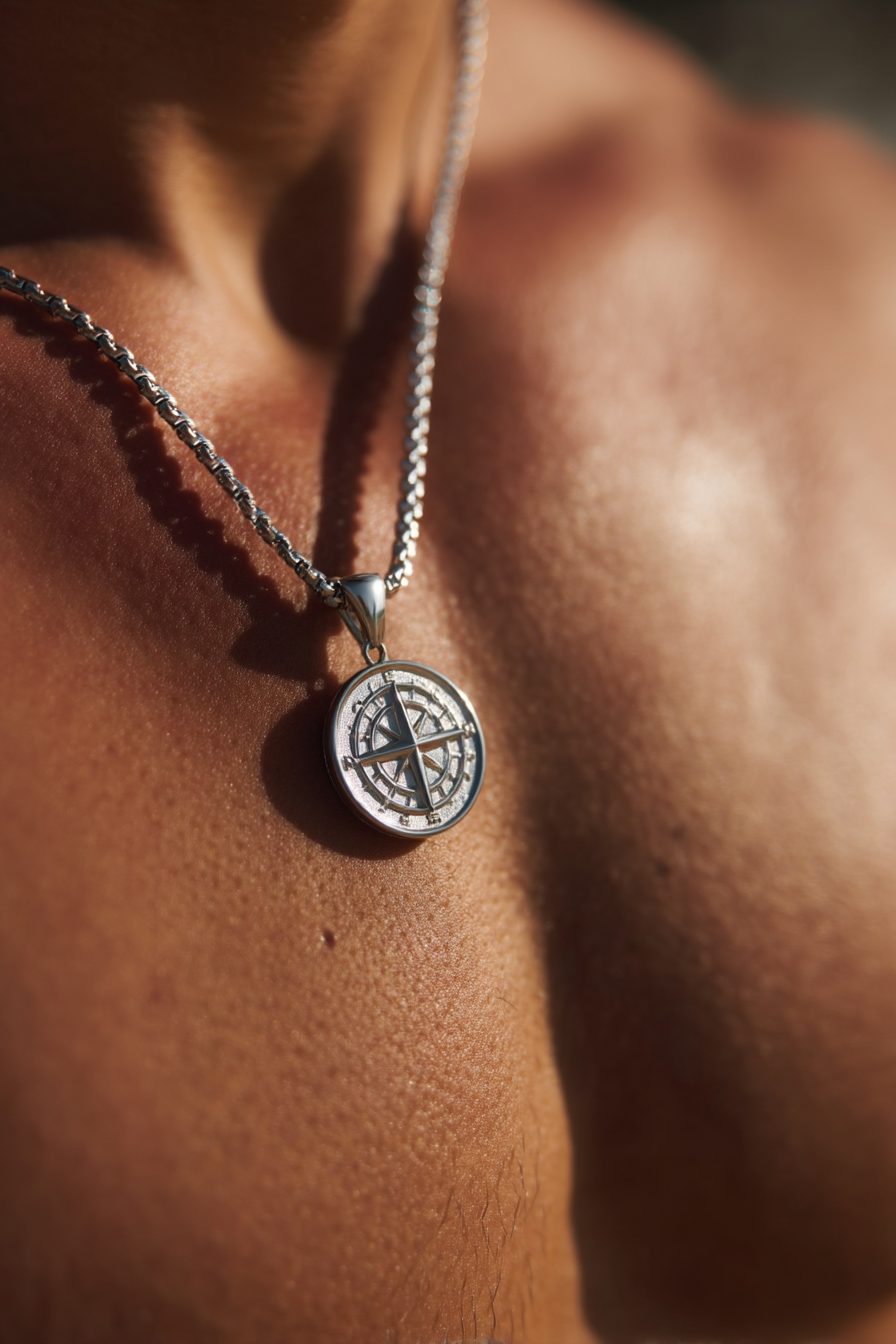 Men’s Compass Pendant Necklace, Platinum-Plated Steel