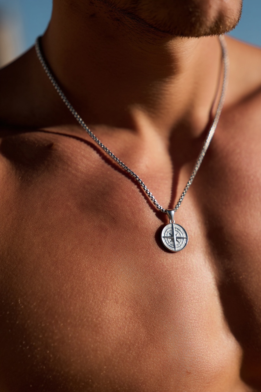 Men’s Compass Pendant Necklace, Platinum-Plated Steel