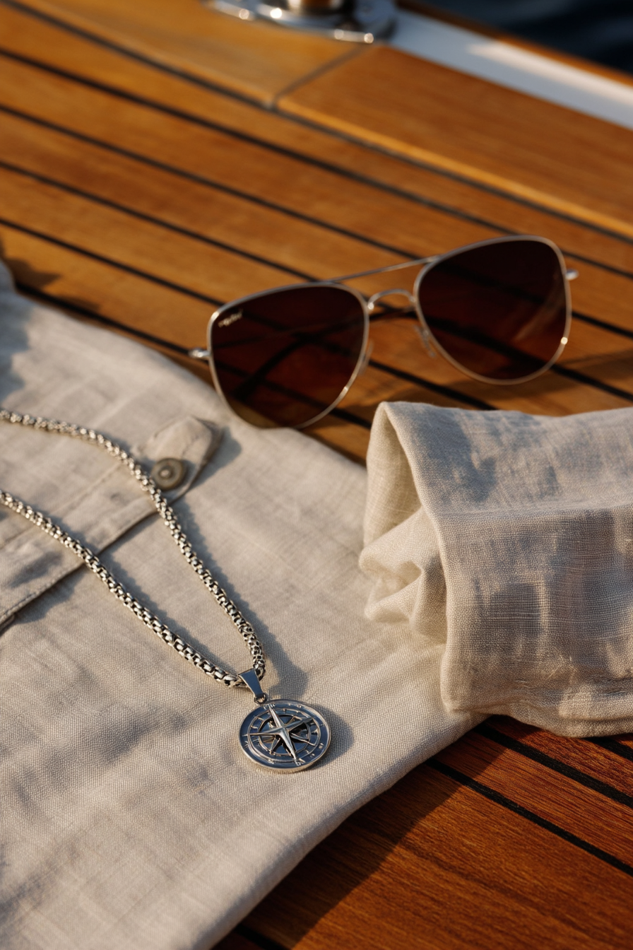 Men’s Compass Pendant Necklace, Platinum-Plated Steel