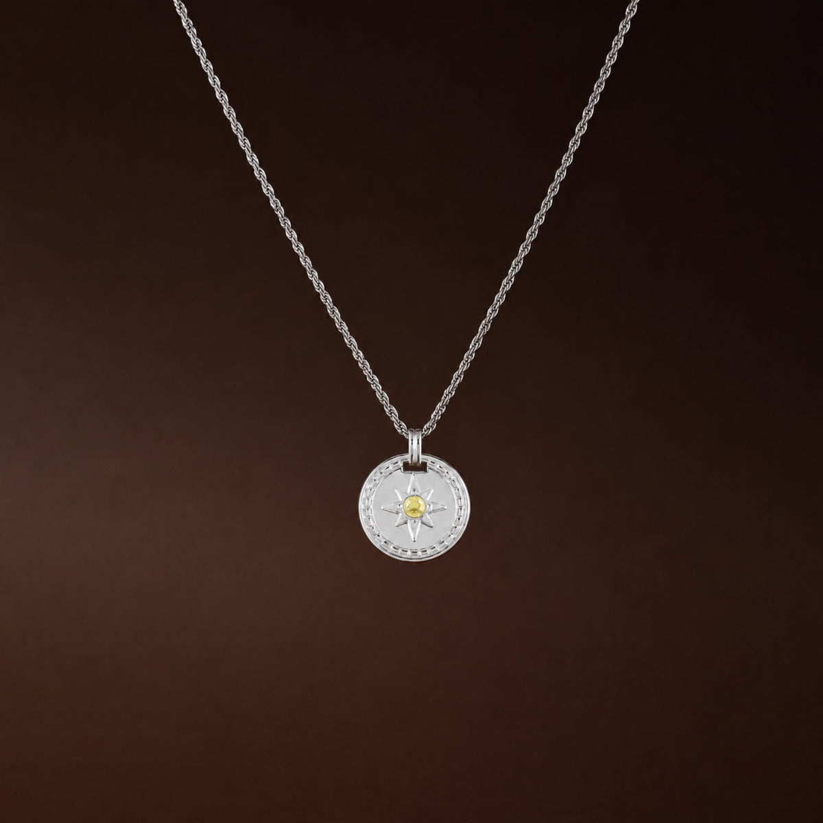 Compass Zircon Pendant Necklace, 16 mm, Steel