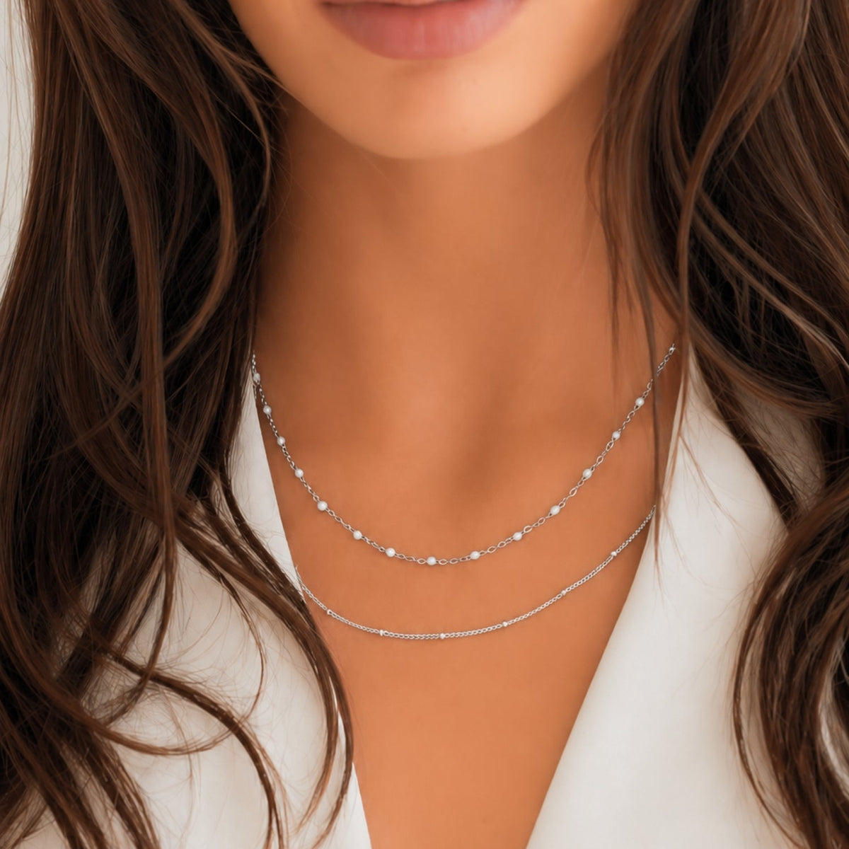 White Enamel Double Layer Choker, 40 cm