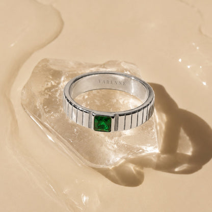 Green Zirconia Ribbed Band Ring, Stainless Steel