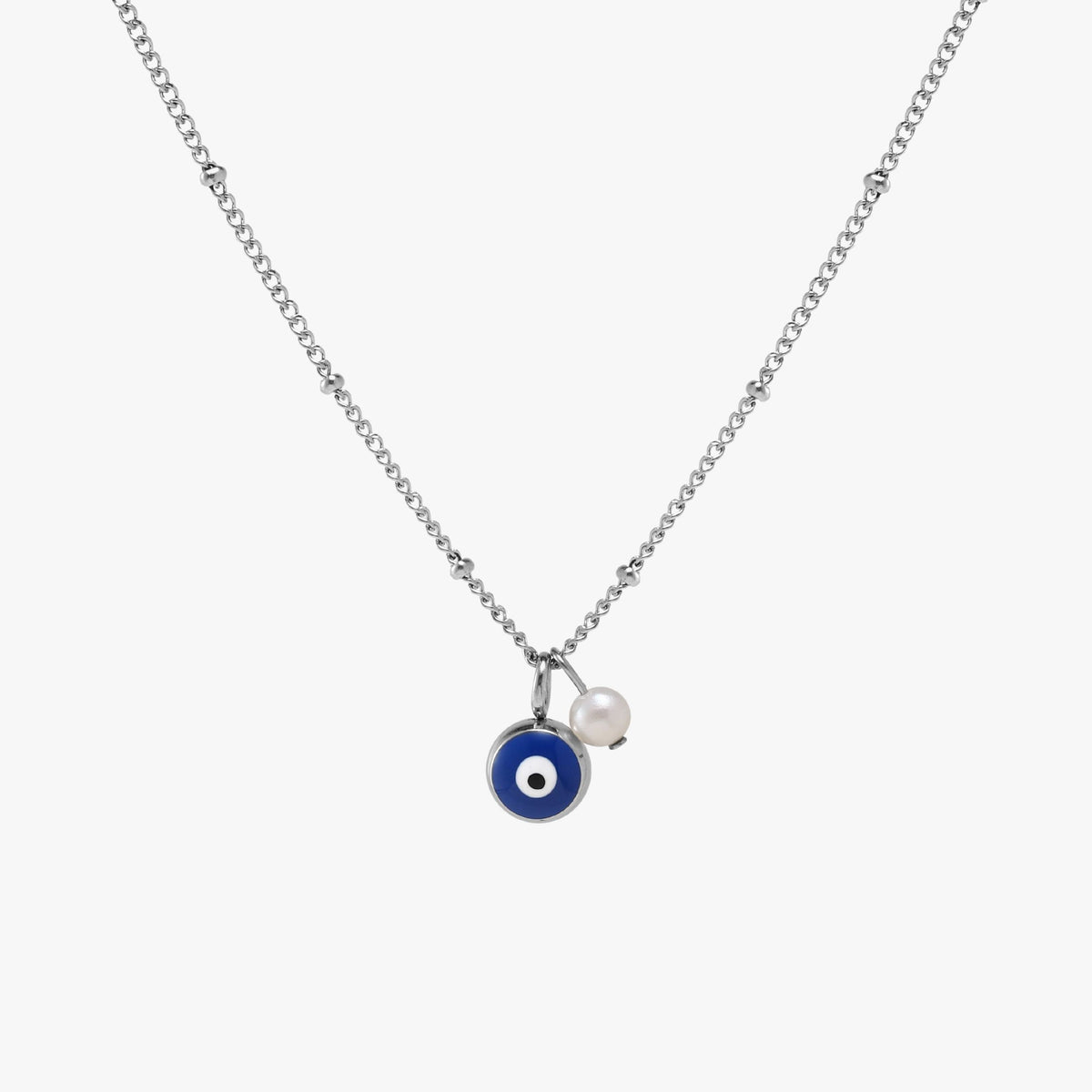 Blue Evil Eye and Pearl Necklace, 45 cm