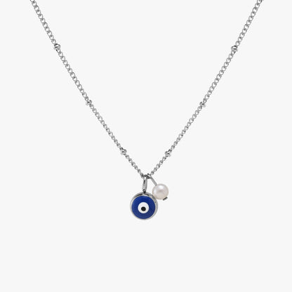 Blue Evil Eye and Pearl Necklace, 45 cm