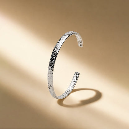 Floral Engraved Open Cuff Bracelet, Steel — Flora