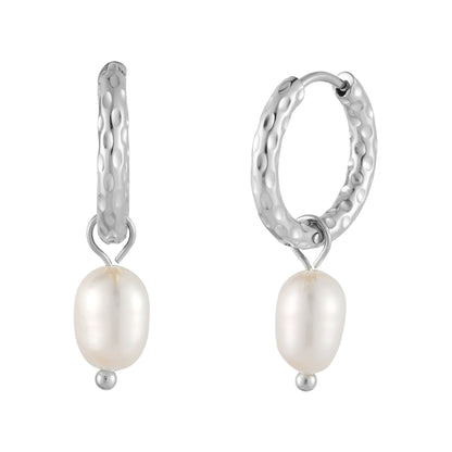 Hammered Pearl Hoop Earrings, 12 mm