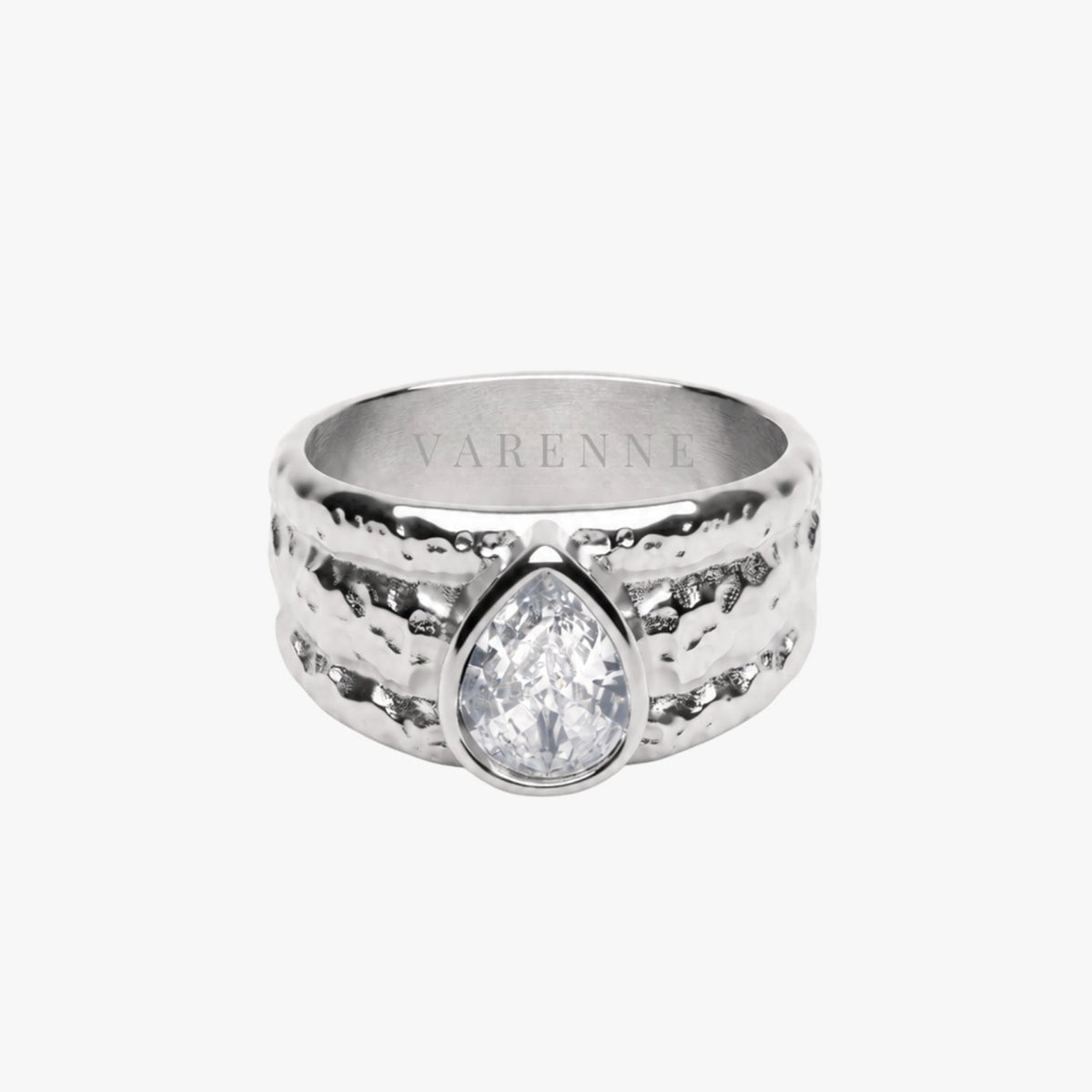 Hammered Pear Zircon Ring, Steel — Odyssey