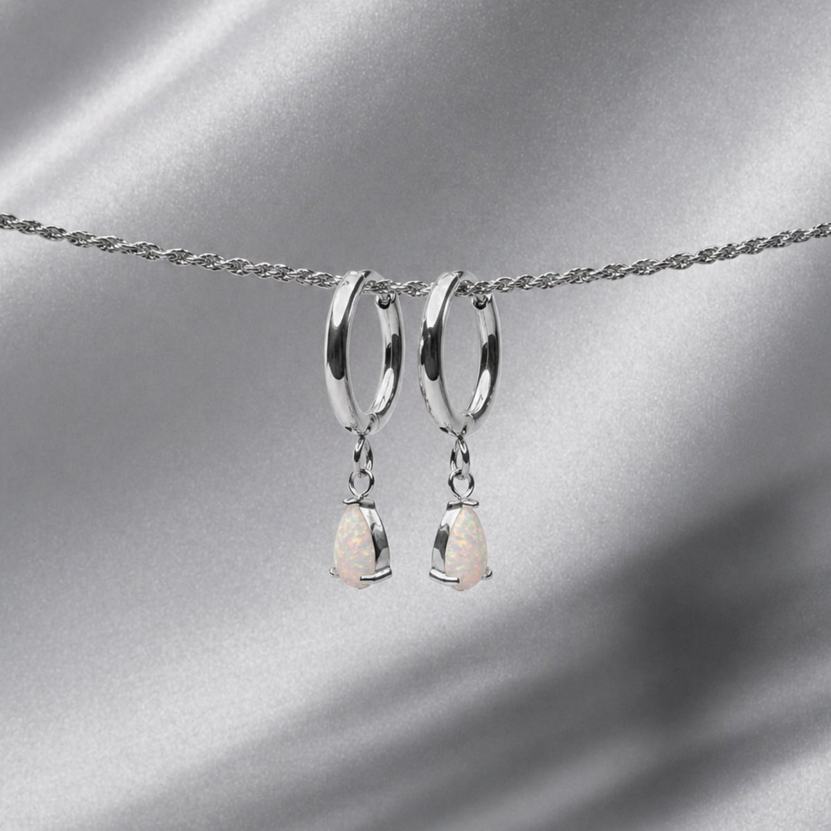 Opal Teardrop Huggie Hoop Earrings, Steel