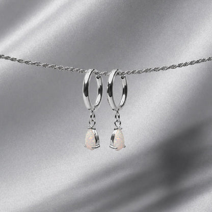 Opal Teardrop Huggie Hoop Earrings, Steel