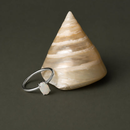 Oval White Opal Solitaire Ring, Steel