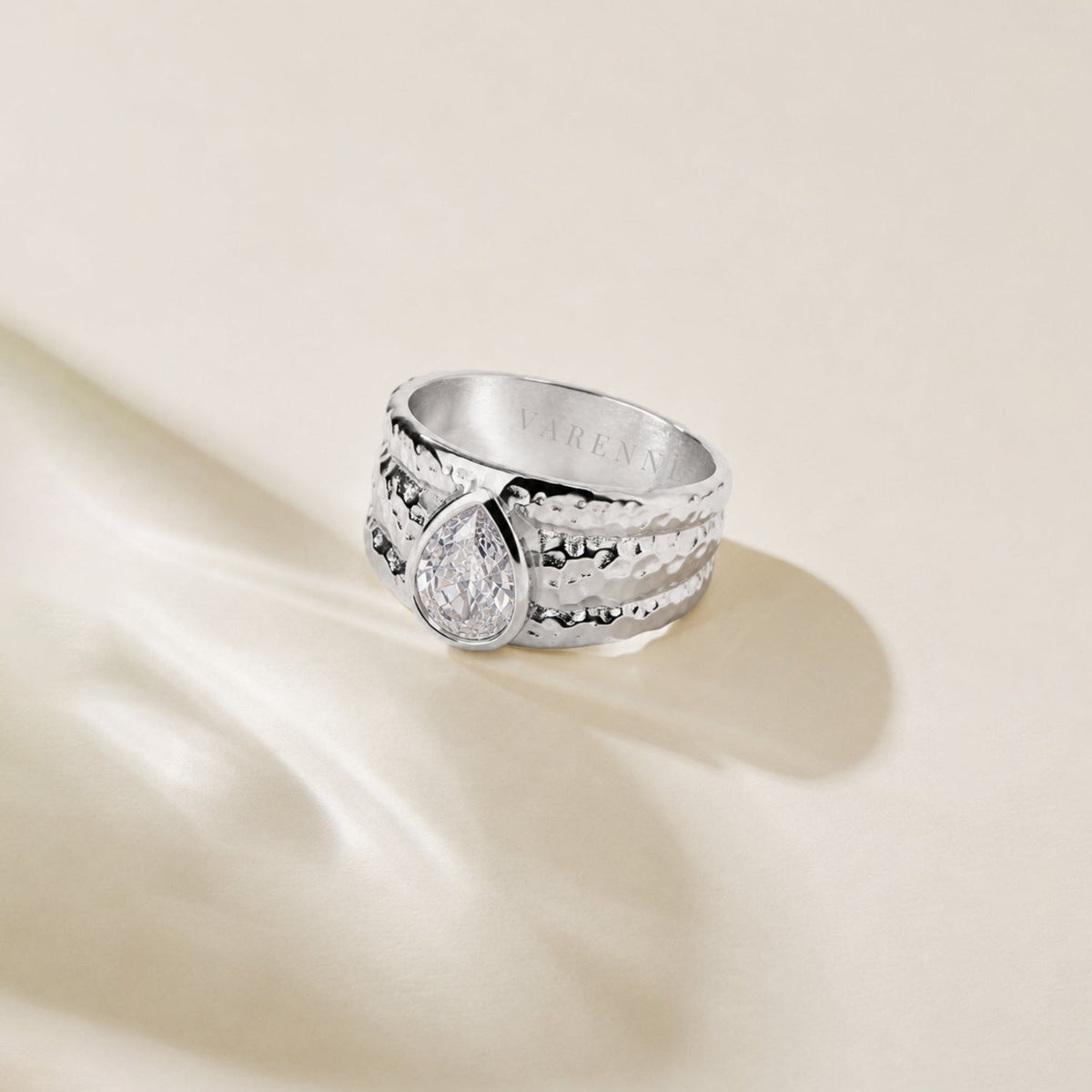 Hammered Pear Zircon Ring, Steel — Odyssey