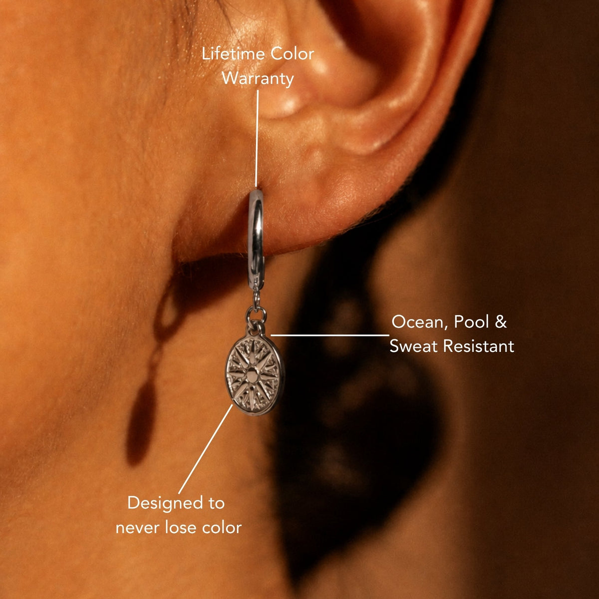 Sun Disc Charm Hoop Earrings, 8 mm