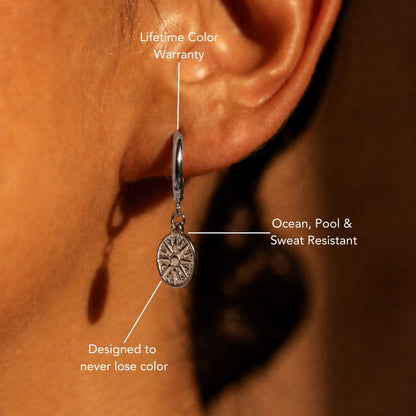 Sun Disc Charm Hoop Earrings, 8 mm