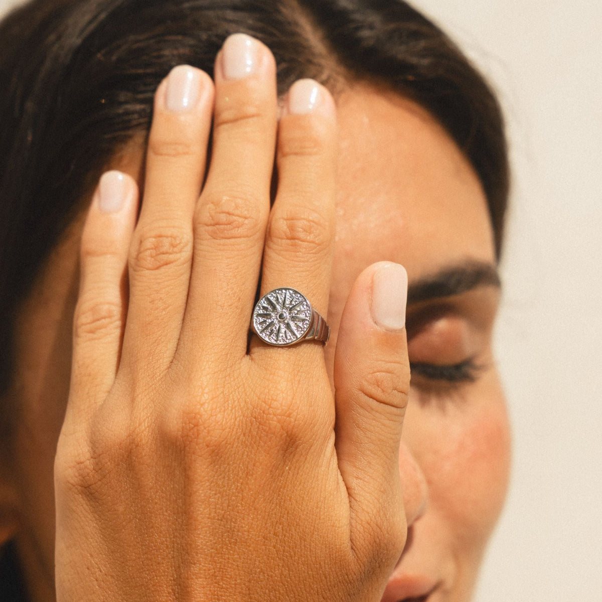 Engraved Sun Disc Signet Ring, Steel