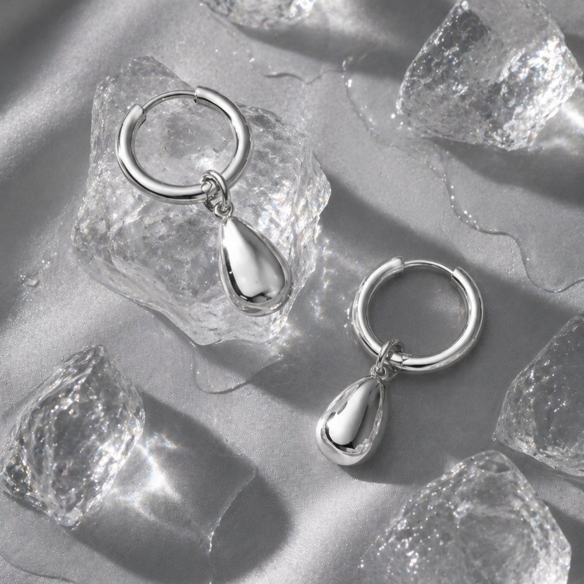 Teardrop Charm Huggie Hoop Earrings, Steel
