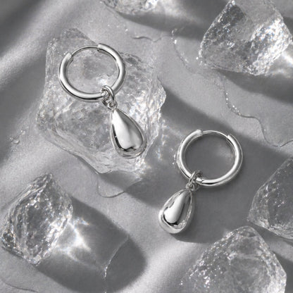 Teardrop Charm Huggie Hoop Earrings, Steel