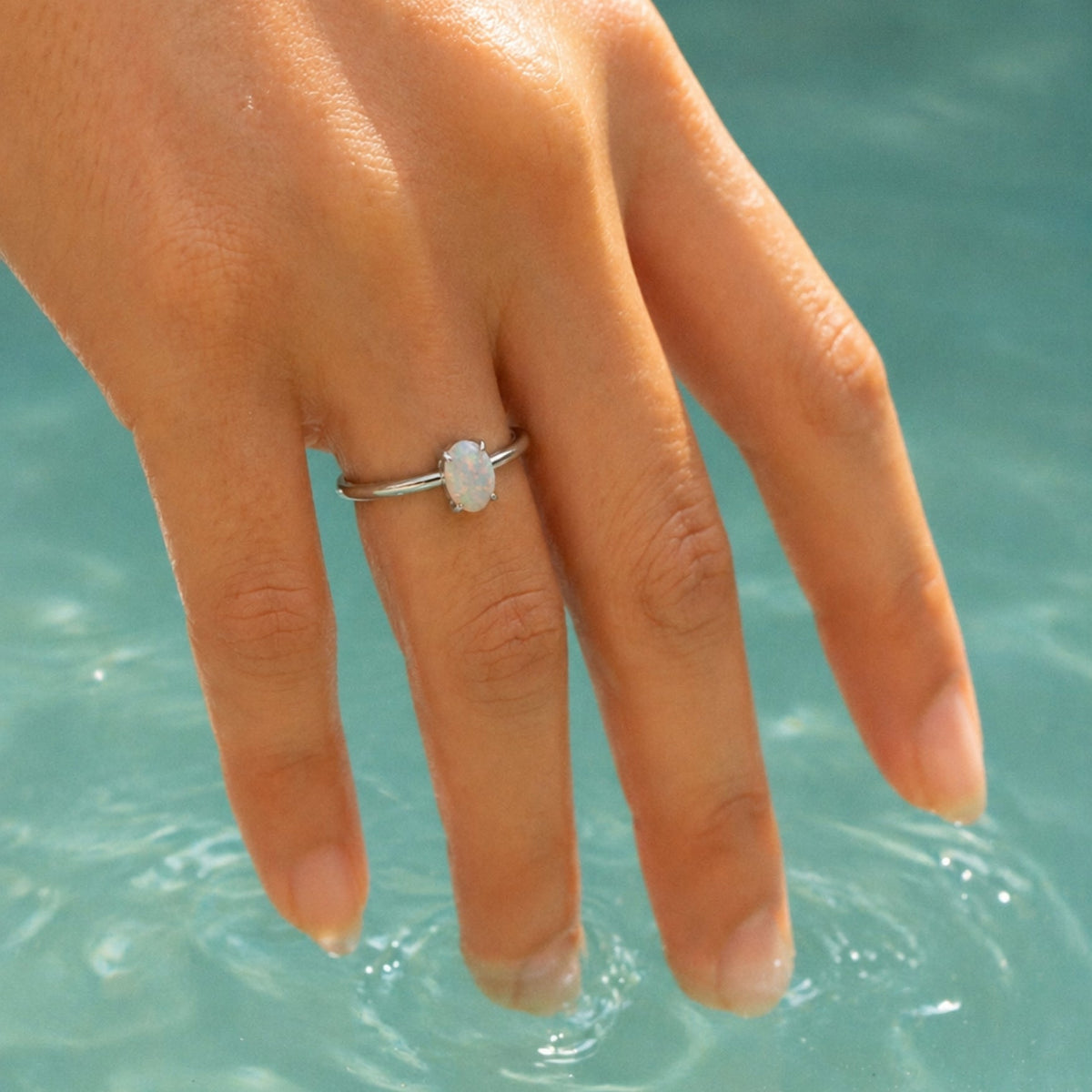 Oval White Opal Solitaire Ring, Steel