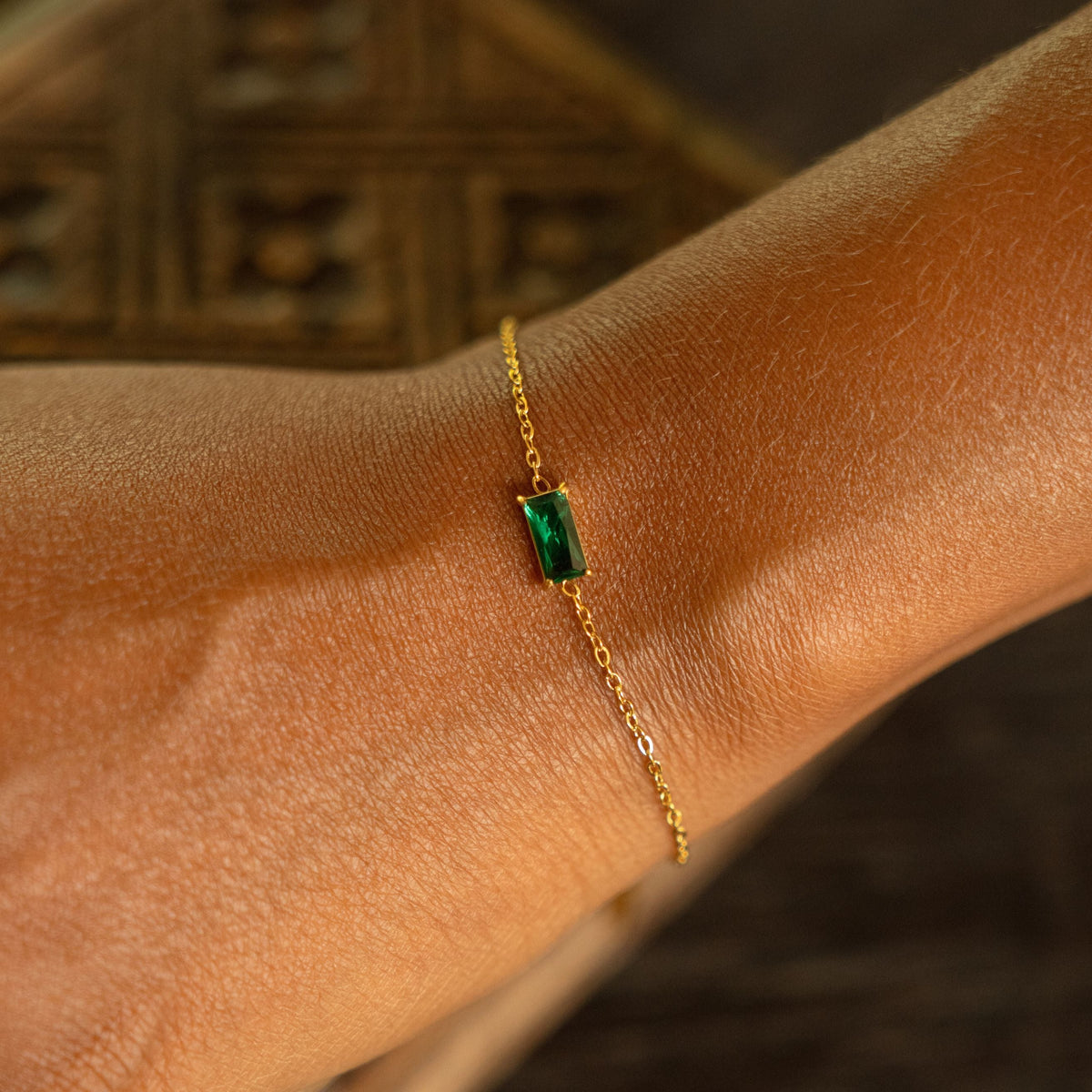 Emerald-Cut Green Stone Chain Bracelet