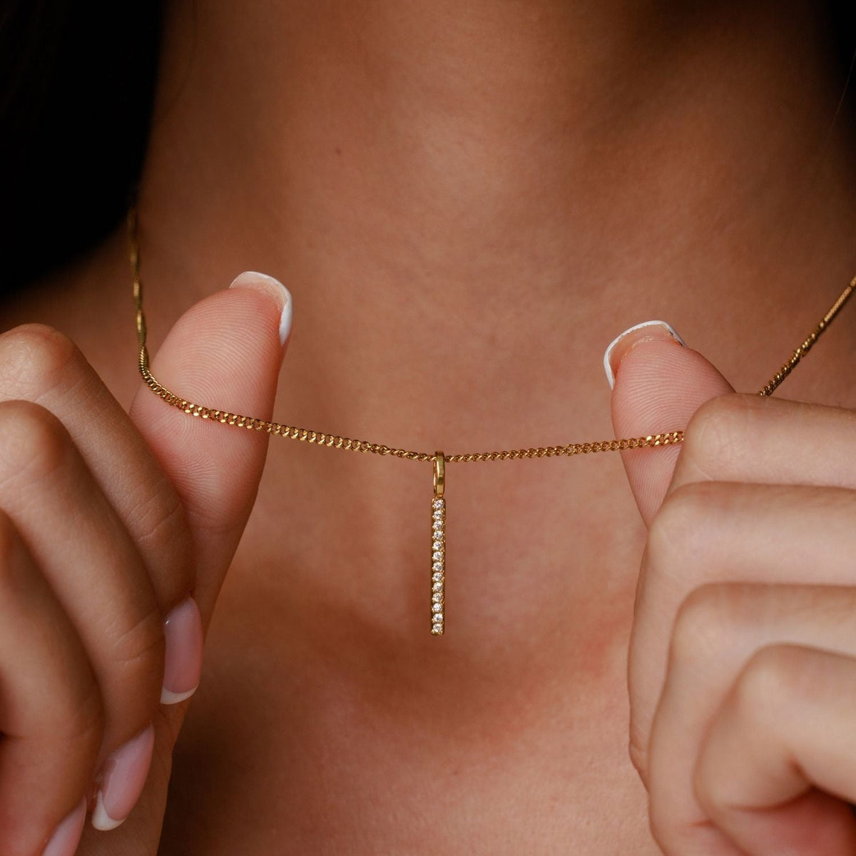 White Zircon Bar Pendant Necklace, Steel