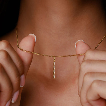 White Zircon Bar Pendant Necklace, Steel