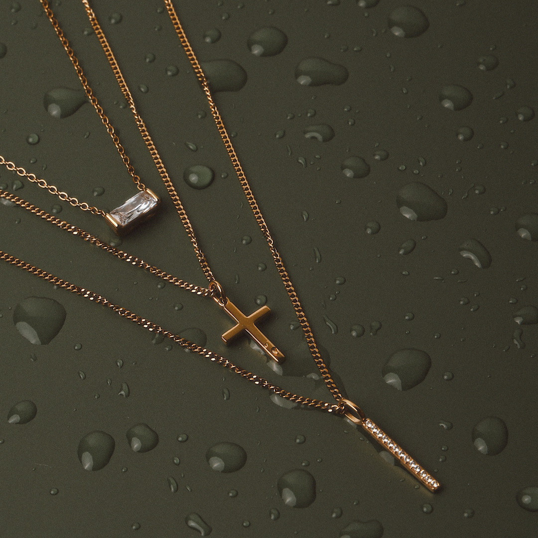 White Zircon Bar Pendant Necklace, Steel