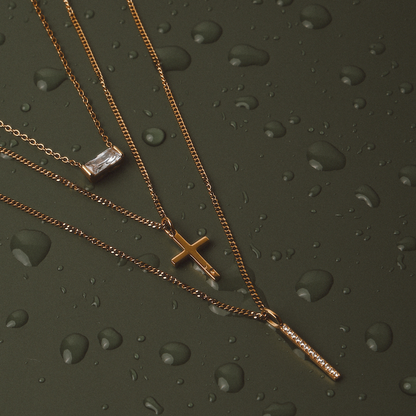 White Zircon Bar Pendant Necklace, Steel