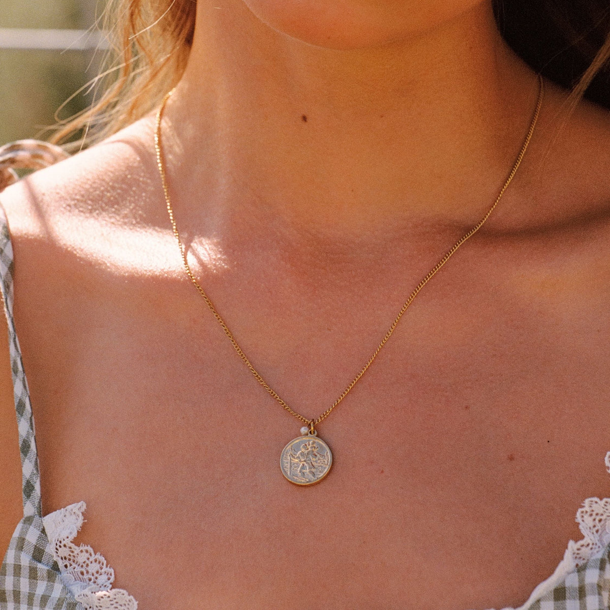 Saint Christopher Coin Necklace with Pearl