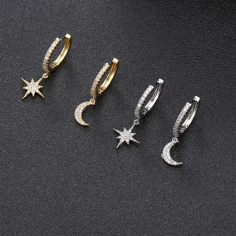 Moon and Star CZ Hoop Earrings — Summer Night