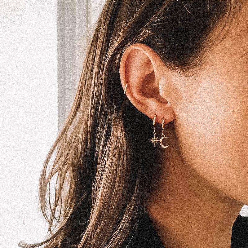 Moon and Star CZ Hoop Earrings — Summer Night