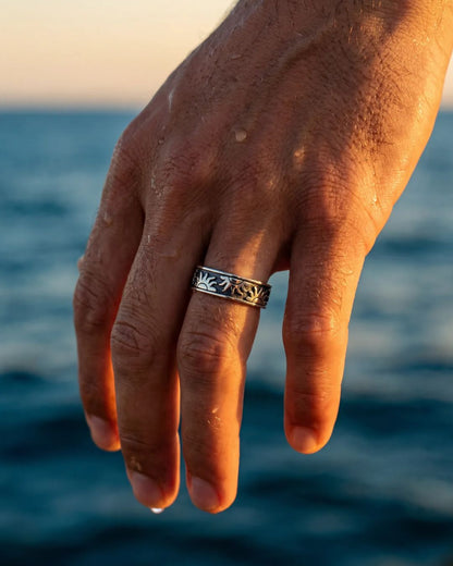 Men’s Engraved Sun Adjustable Band Ring, Silver-Tone Copper