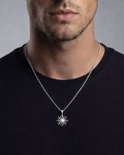 Textured Sun Pendant Necklace, Stainless Steel