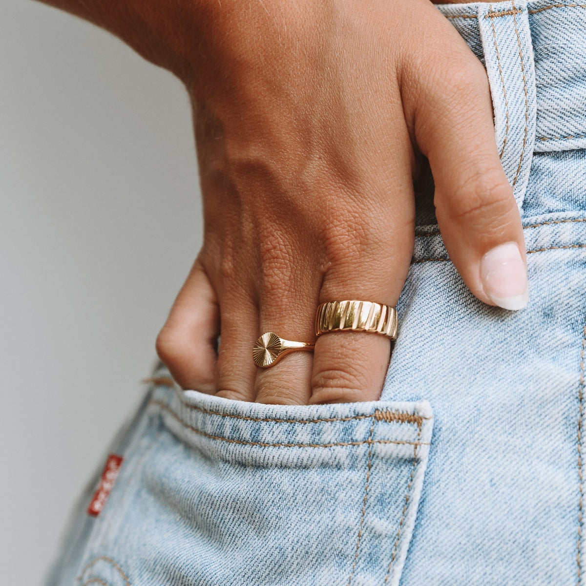 Round Sunburst Signet Ring, Steel
