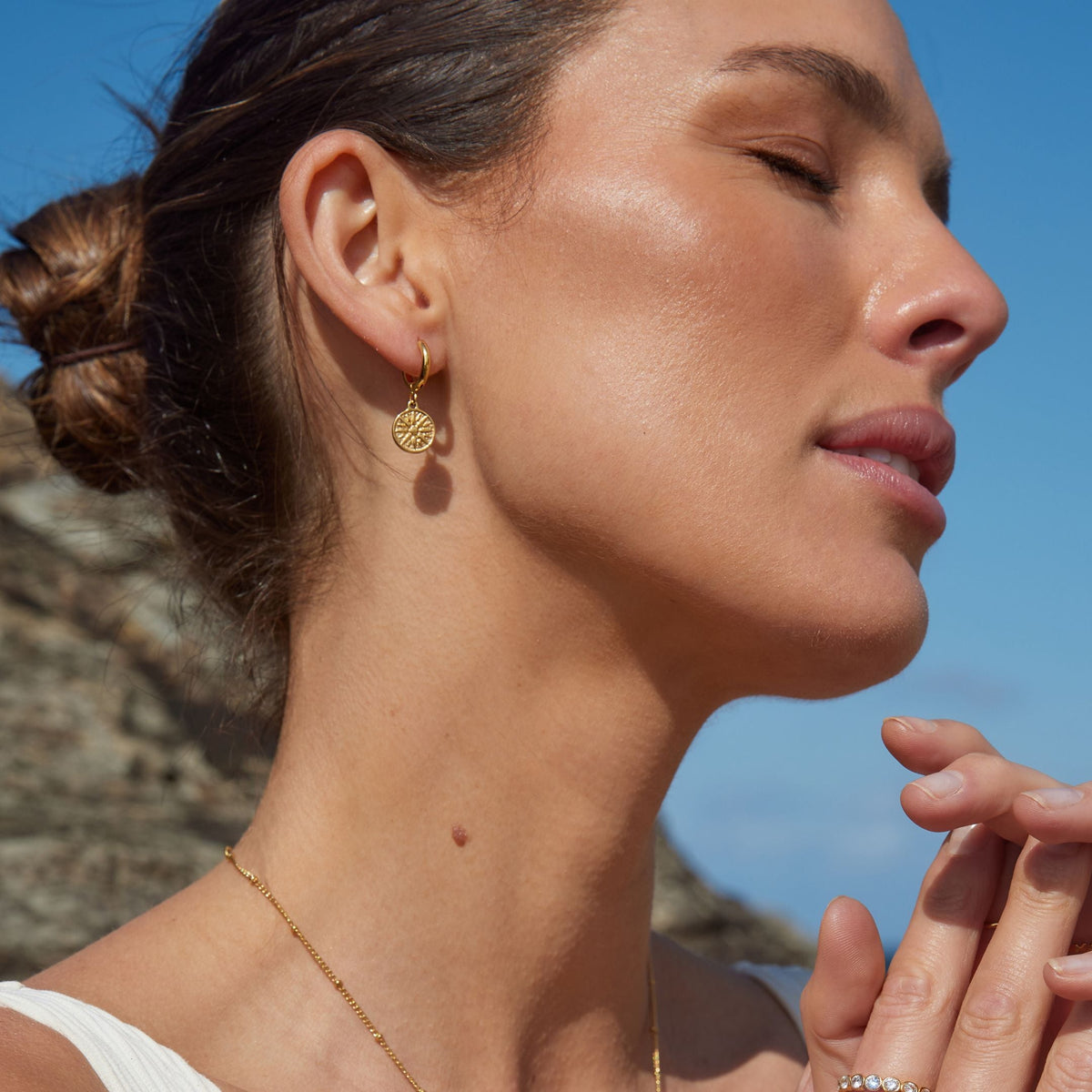 Sun Disc Charm Hoop Earrings, 8 mm
