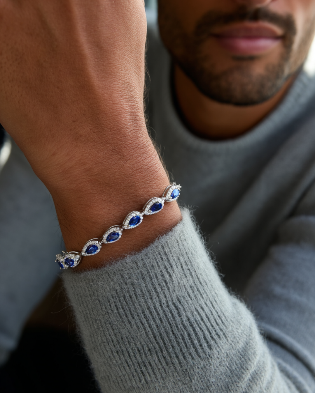 Men’s Blue Zirconia Teardrop Bracelet, Silver-Plated